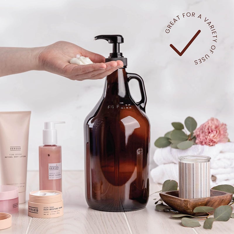 kitchentoolz Half Gallon Glass Pump Dispenser Bottle, Large Jug with Pump for Laundry Soap Dispenser, Liquid Detergent, Fabric Softener, Syrup Pump - 64 oz Capacity - Amber Bottle- Pack of 2, by - Image 3